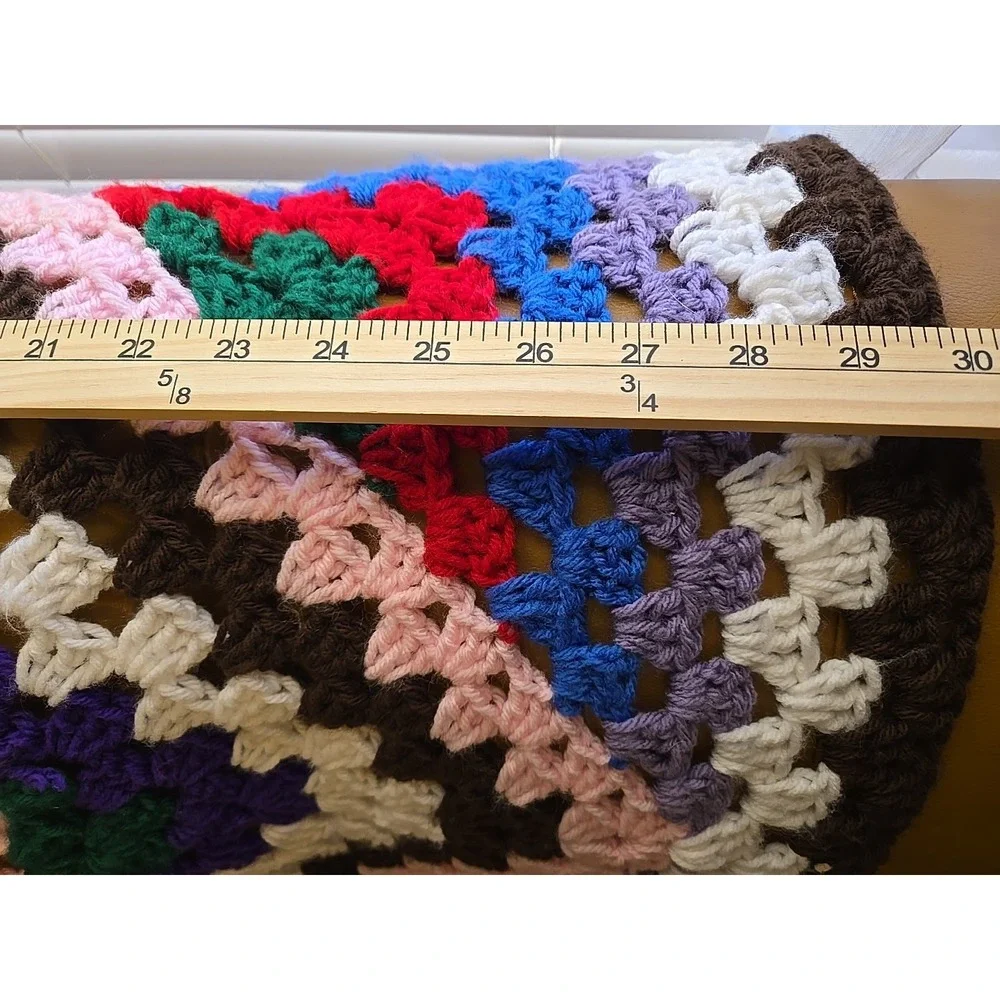 Vtg Handmade Granny Square Crochet Afghan Blanket 30x29 Boho Multi-Color Retro